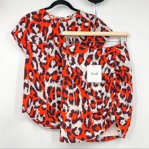 Diane von Furstenburg Silk Leopard Spicy Orange Nellie Top Nadia Skirt set